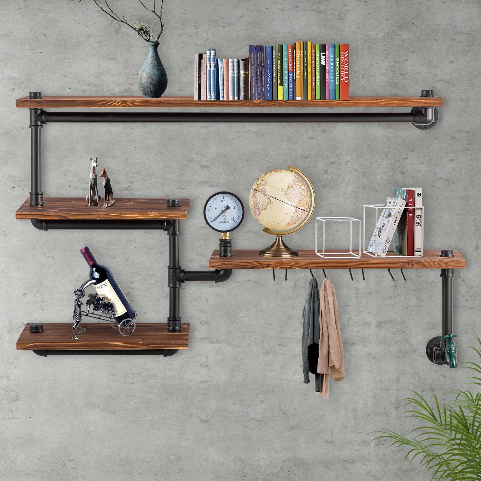 VEVOR Iron Pipes Shelving, Industrial Steel Pipe Shelf w/ 4-Tier Wood Planks, Wall Mounted Modern Rustic Floating Shelves, DIY Storage Bracket for Bathroom, Bookshelf, Kitchen, and Home Decor-6