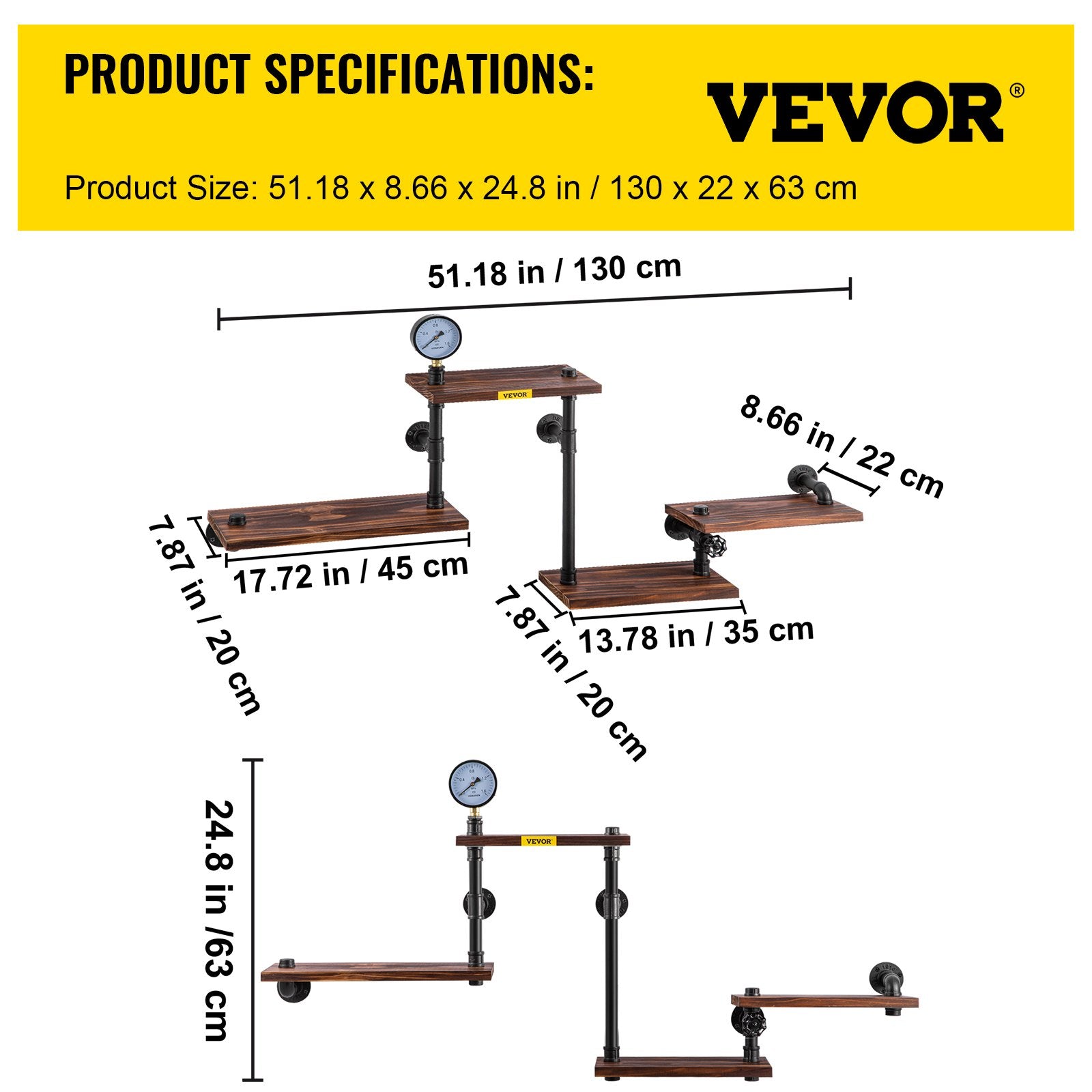 VEVOR Industrial Pipe Shelving, Pipe Shelves with 4-Tier Wood Planks, Rustic Floating Shelves Wall Mounted, Wall Shelf DIY Bookshelf for Bar Kitchen Bathroom Farmhouse Living Room, 51x25x9 inch-5