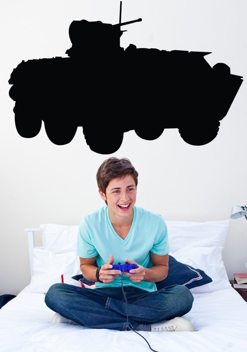 Amphibious wheeled armored personnel carrier APC silhouette wall decal by Jaycee Haynes installed in teens room