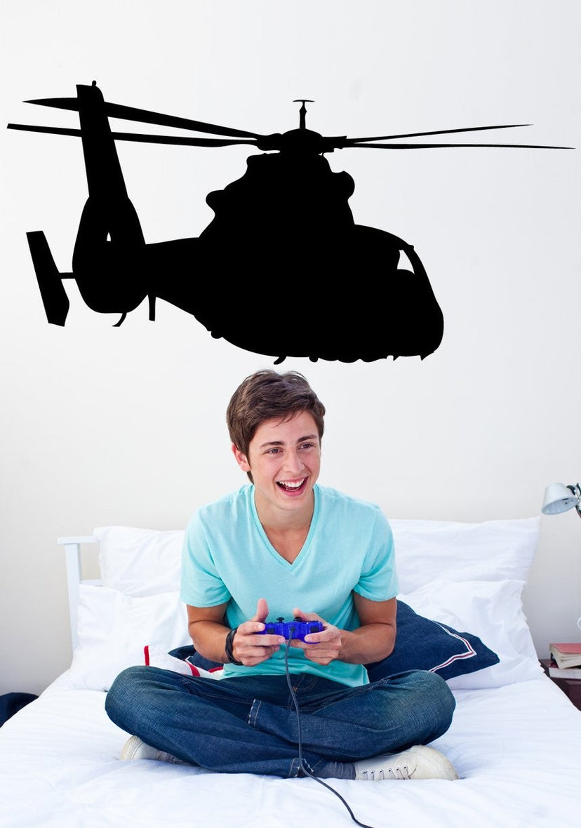 Eurocopter AS332 Super Puma military helicopter silhouette wall decal by Jaycee Haynes installed in teens room