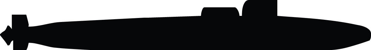 A black silhouette vector illustration of a submarine, shown in profile against a white background.