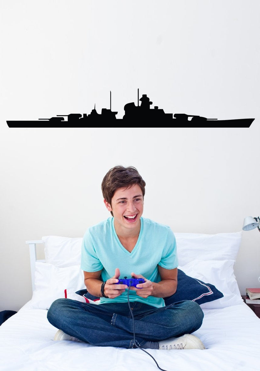 U.S. Navy battleship naval warship silhouette wall decal by Jaycee Haynes installed in teen boys room
