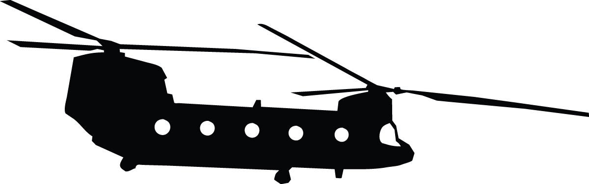 A black silhouette of a military-style tandem helicopter shown in side profile on a plain white background.