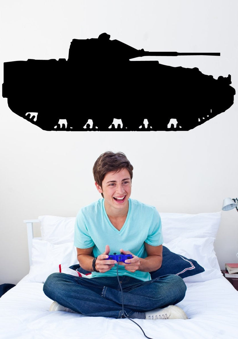 British A34 Comet cruiser tank military silhouette wall decal by Jaycee Haynes installed on teen bedroom wall