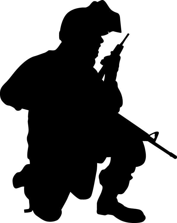 Military communications soldier kneeling with field radio and rifle silhouette wall decal by Jaycee Haynes