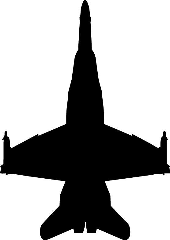 A black silhouette of a fighter jet viewed from above, centered on a plain white background.