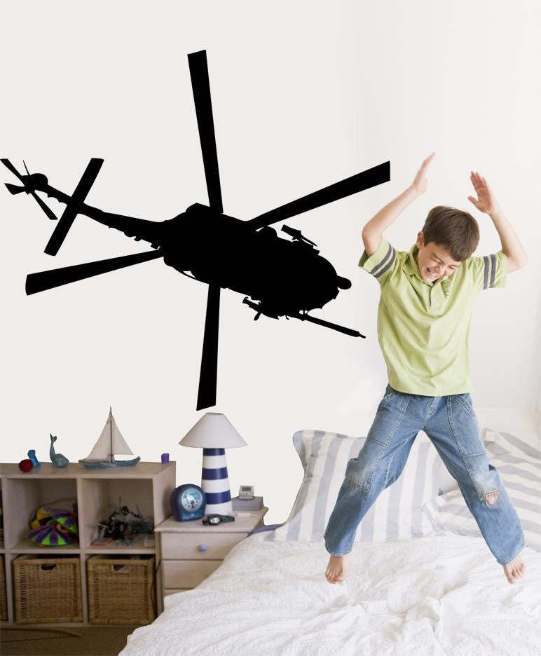 Mil Mi-8 military helicopter bottom-view silhouette wall decal by Jaycee Haynes installed in boys room