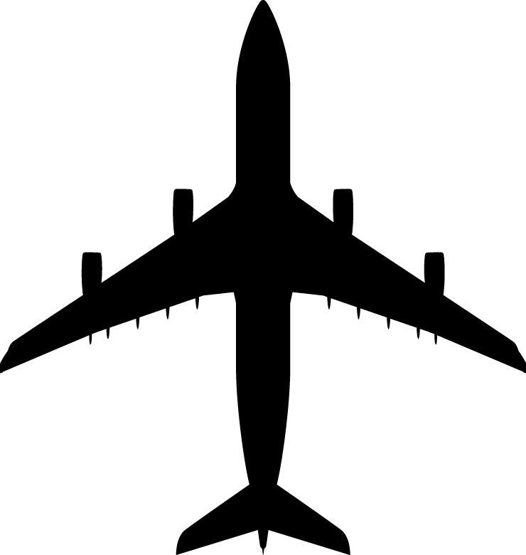 A black silhouette vector graphic of a four-engine commercial airplane viewed from directly above, centered on a plain white background.