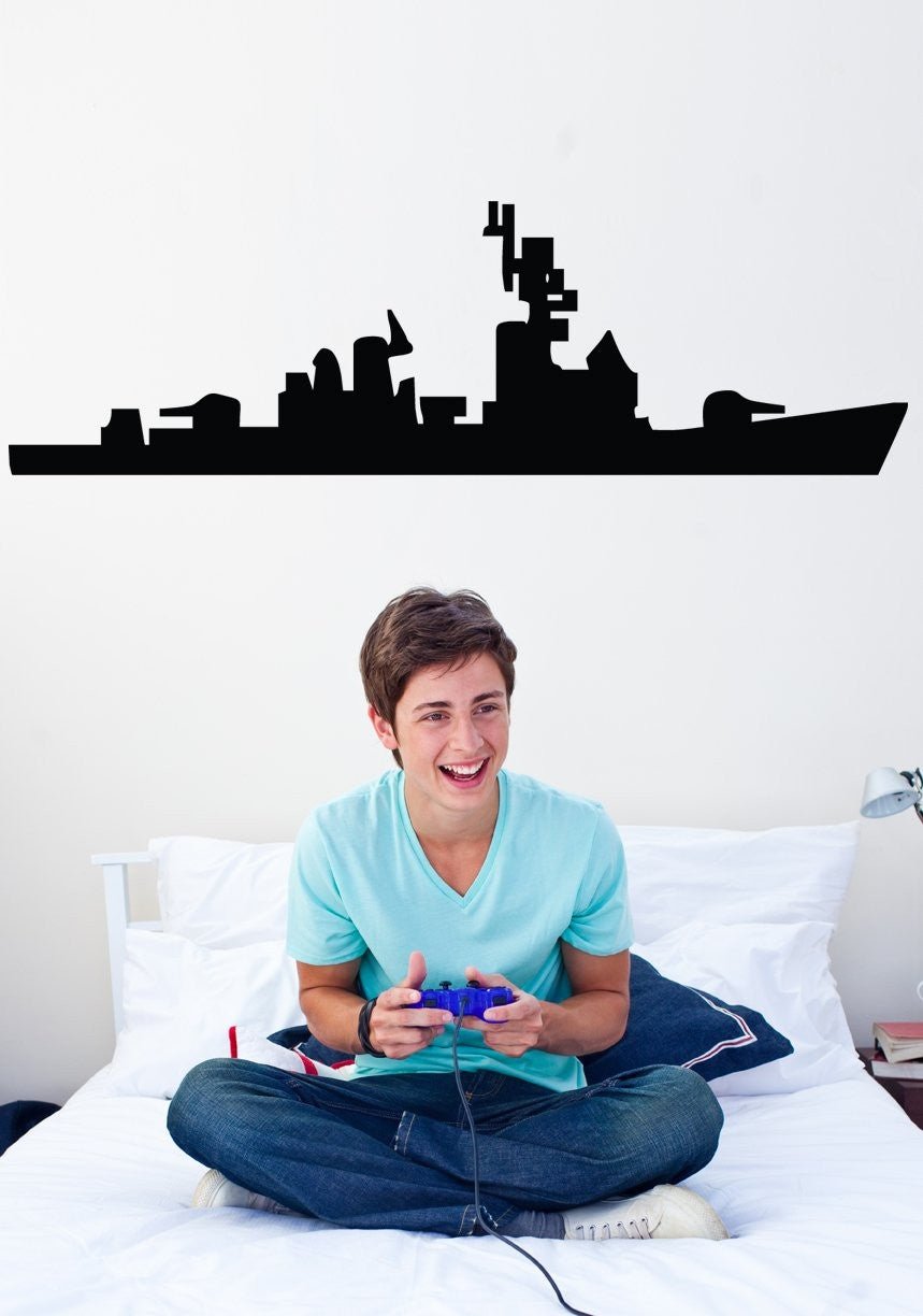 U.S. Navy cruiser naval warship silhouette wall decal by Jaycee Haynes installed in teen boys room