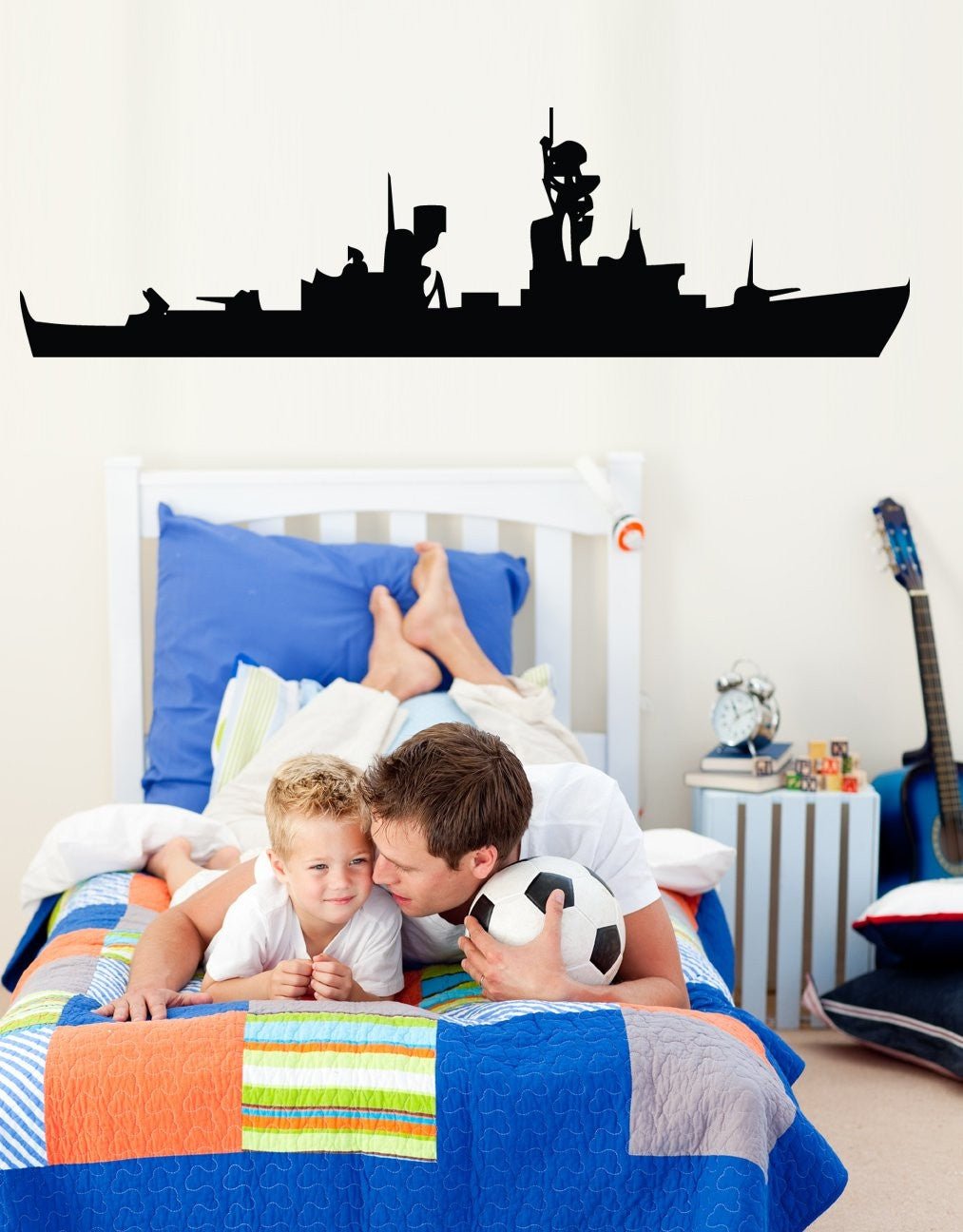 U.S. Navy destroyer naval warship silhouette wall decal by Jaycee Haynes installed in boys bedroom