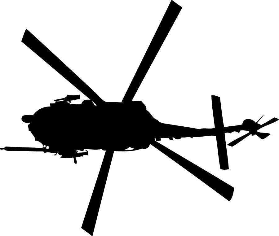 Black silhouette of a Black Hawk helicopter with extended rotor blades, shown on a plain white background.