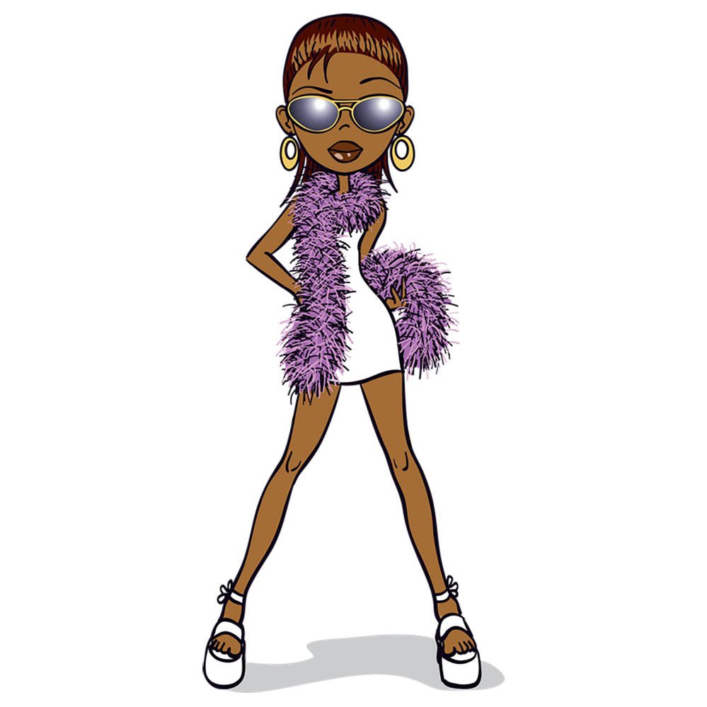 Die-Cut wall decal of Diva Brat cartoon character wearing a white dress with a purple boa, sunglasses, and white shoes on a white background.