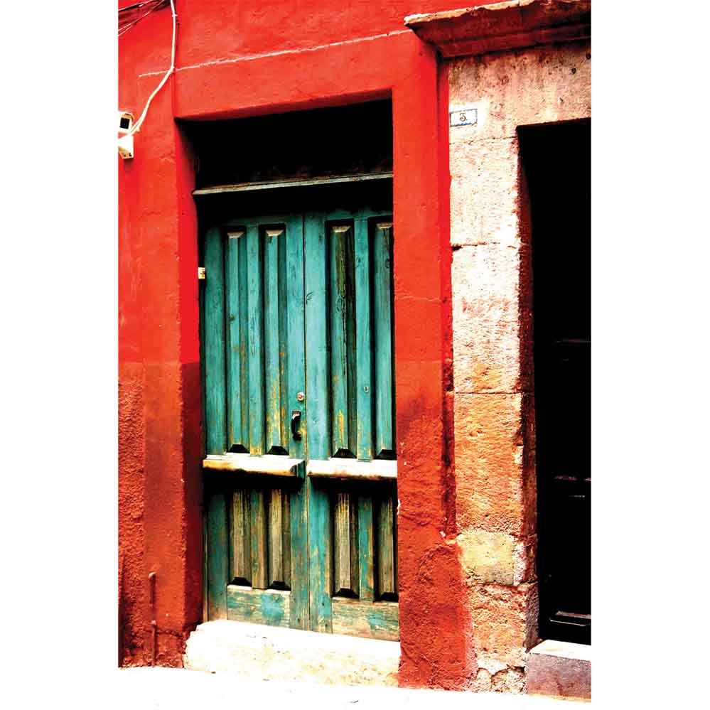 Red frame with green door Mexican architecture wall decal printed | Wallhogs