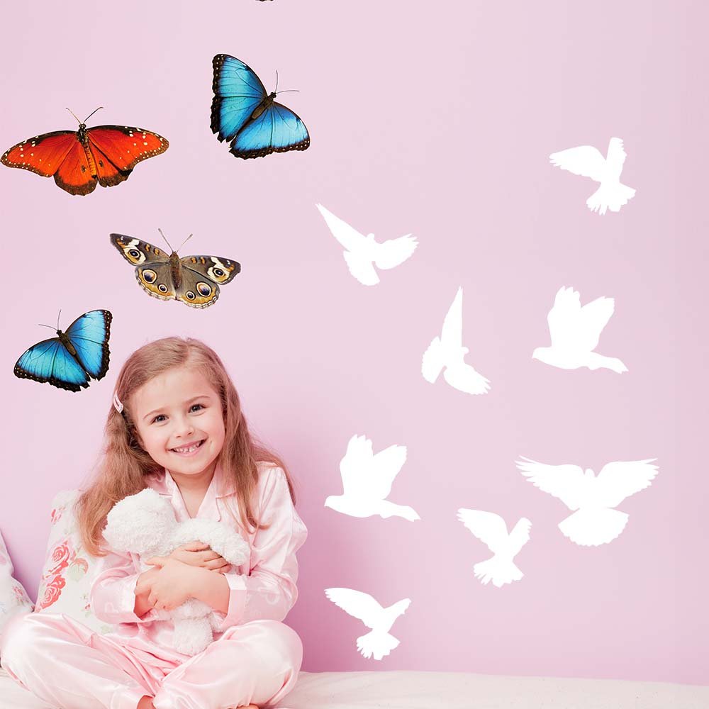 White Mixed Birds Silhouette Wall Decals Installed in Girls Room