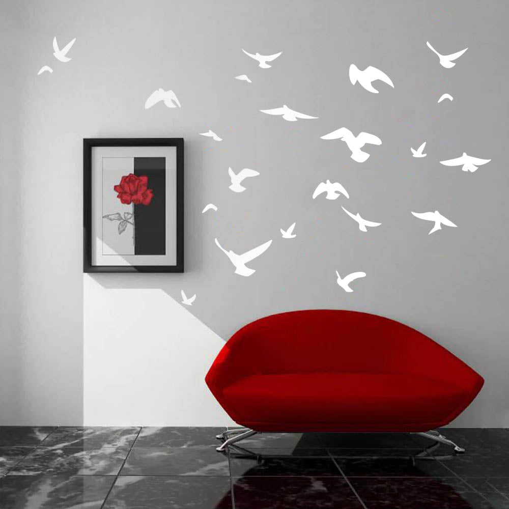 White Soaring Birds Silhouette Wall Decals Installed in Sitting Area
