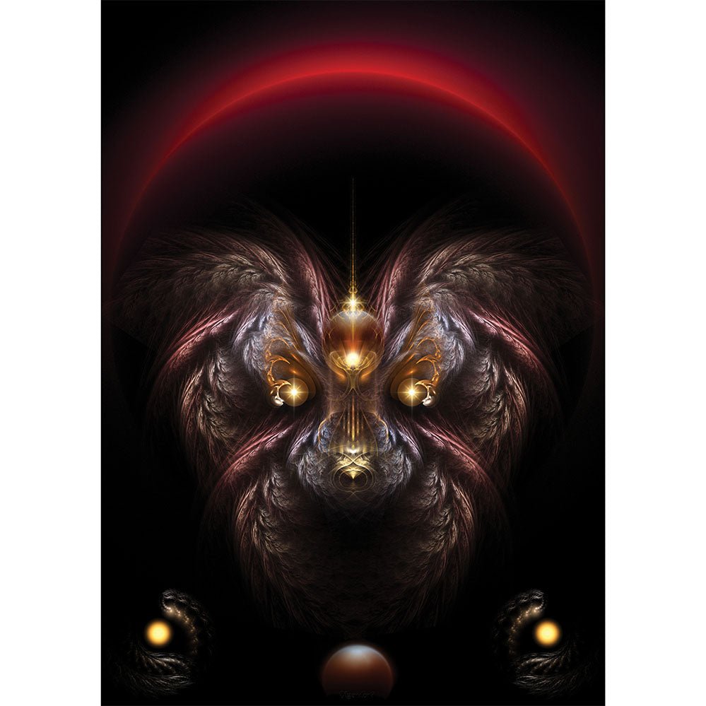 Fractal fantasy art of a dog with glowing eyes and a red arc in the background emerging form the dark wall decal printed | Wallhogs