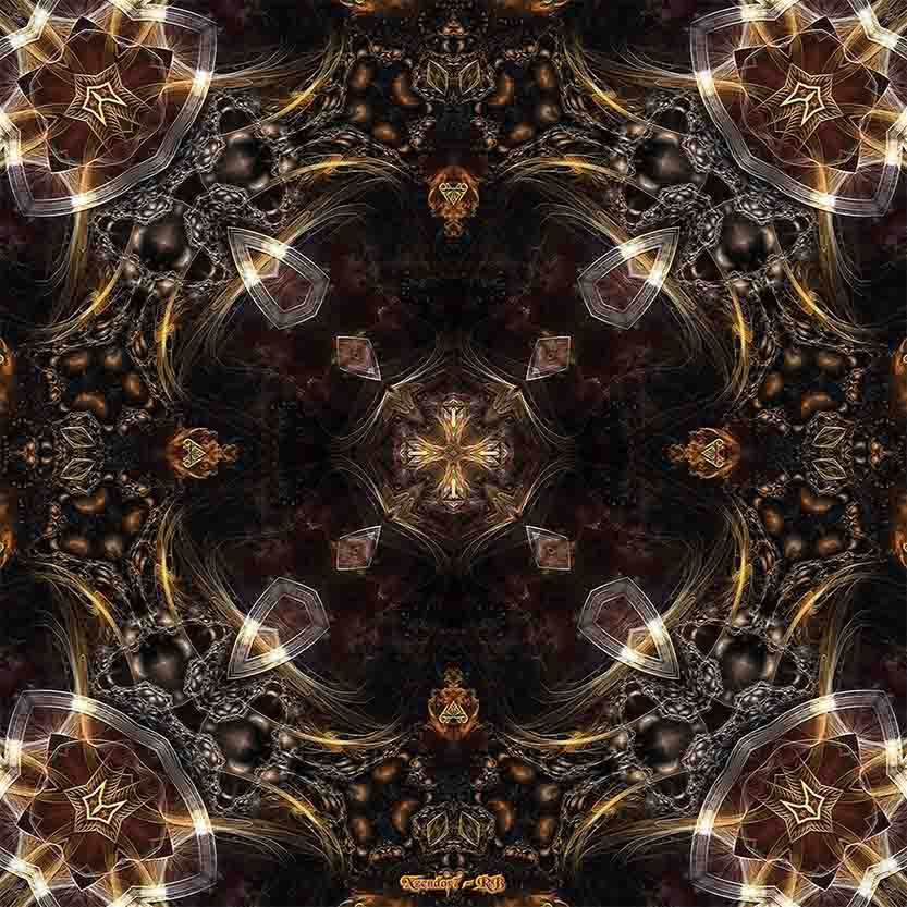 Decorative gold, brown and bronze kaleidoscope pattern with intricate designs and symmetrical arrangement on a dark background gloss poster printed | Wallhogs