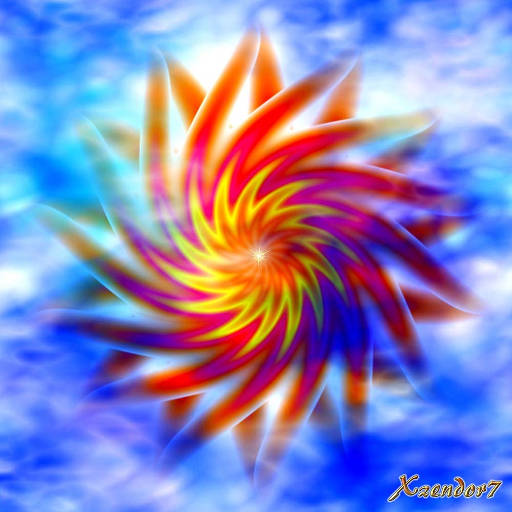 Fractal art of a bright magenta, red and yellow swirling star against a bright blue and white cloud background gloss poster printed | Wallhogs