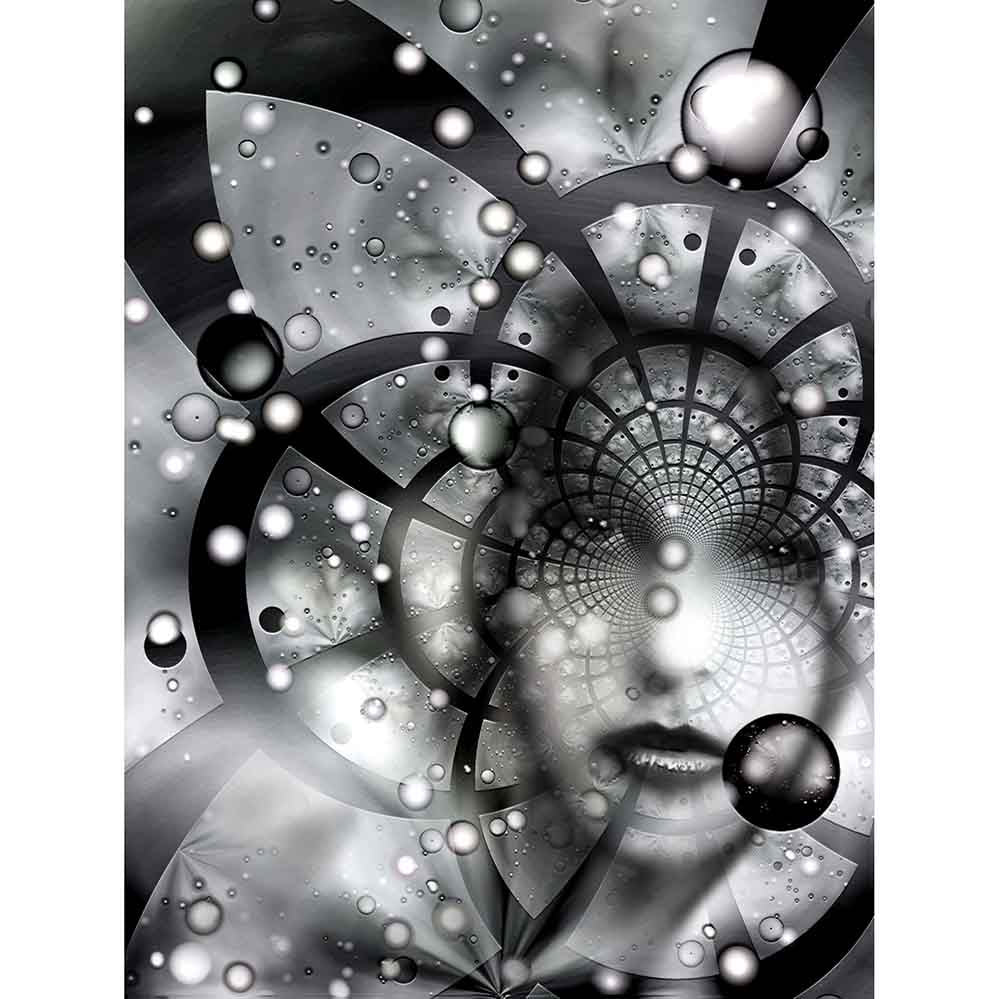 Abstract black and white fractal artwork capturing a striking face woven into a swirling tapestry of stars, nebulae, and cosmic energy wall decal printed | Wallhogs