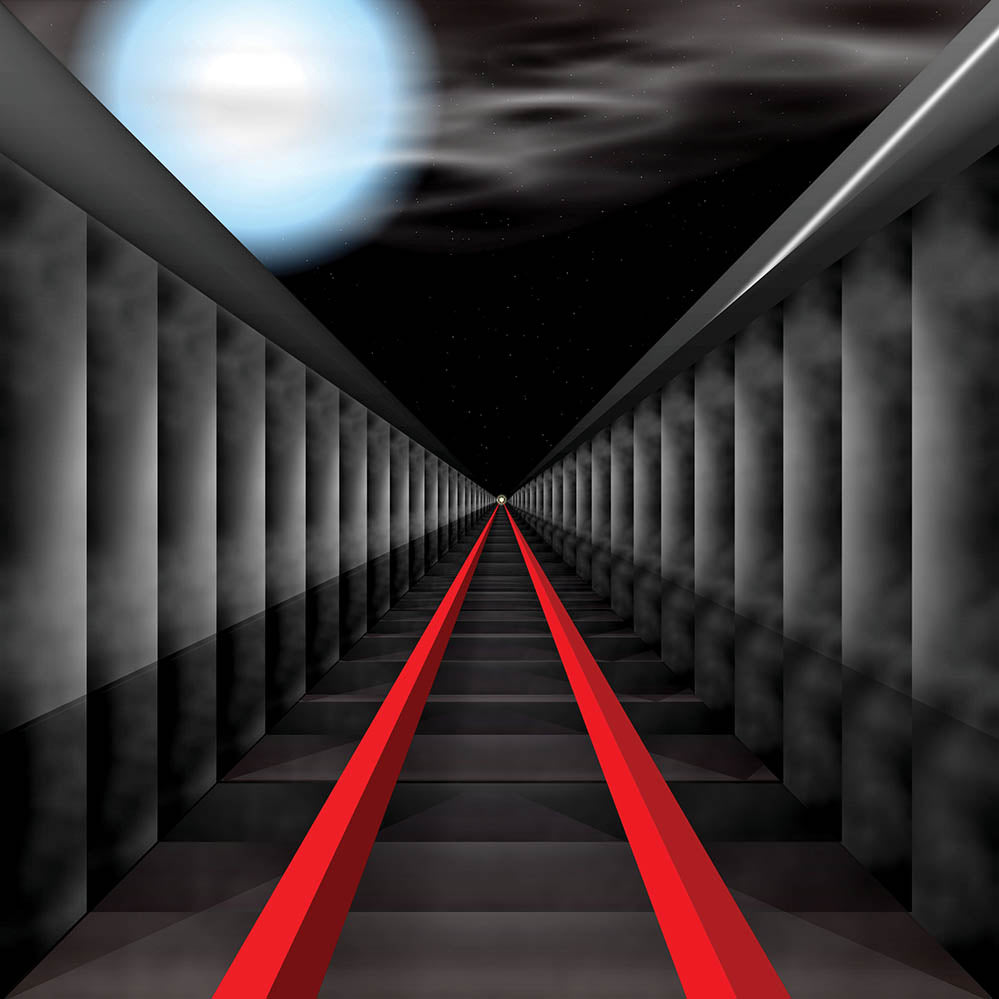 Tunnel with red rail lines converging towards a bright light at the end under a dark sky gloss poster printed | Wallhogs