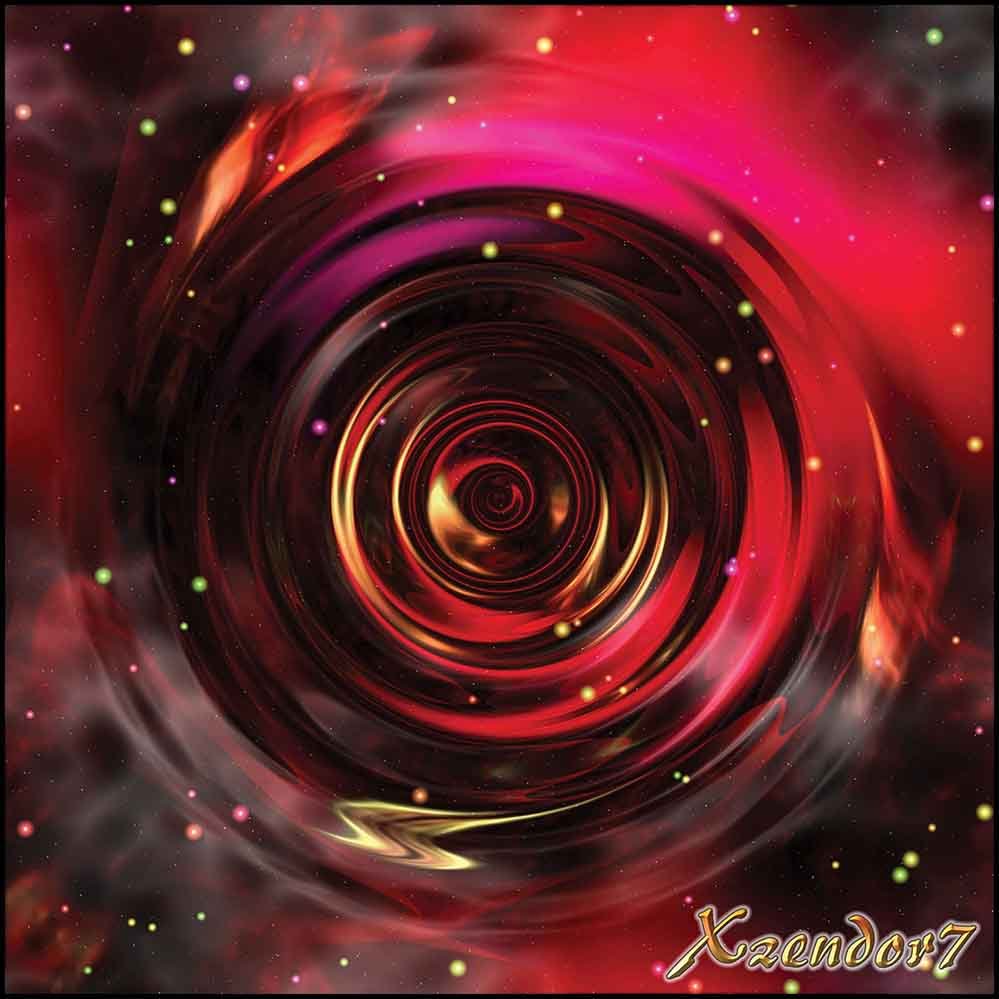 Red, gold and violet spiral vortex galaxy design with vibrant colors and a artists logo in the corner wall decal printed | Wallhogs