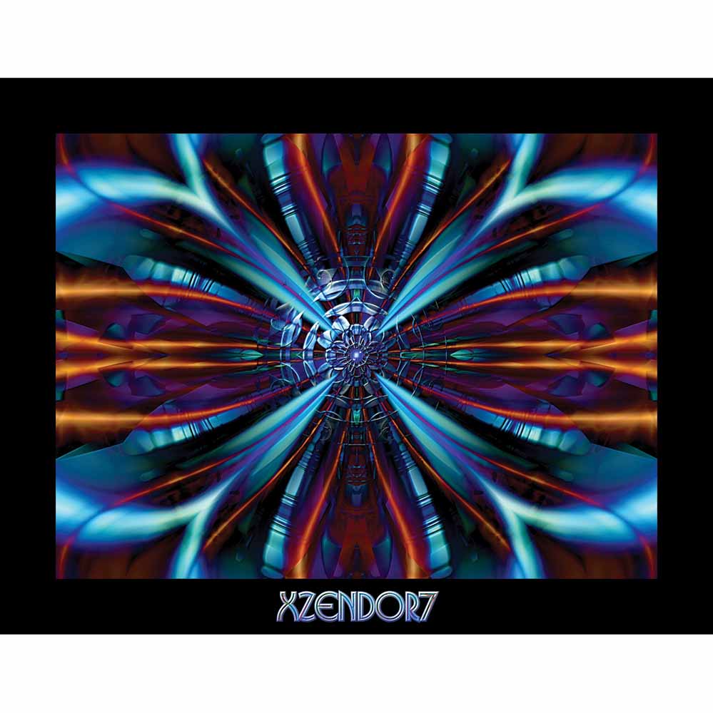 Fractal art of a symmetrical kaleidoscope of blues, purples and oranges that evokes shimmering wings gloss poster printed | Wallhogs
