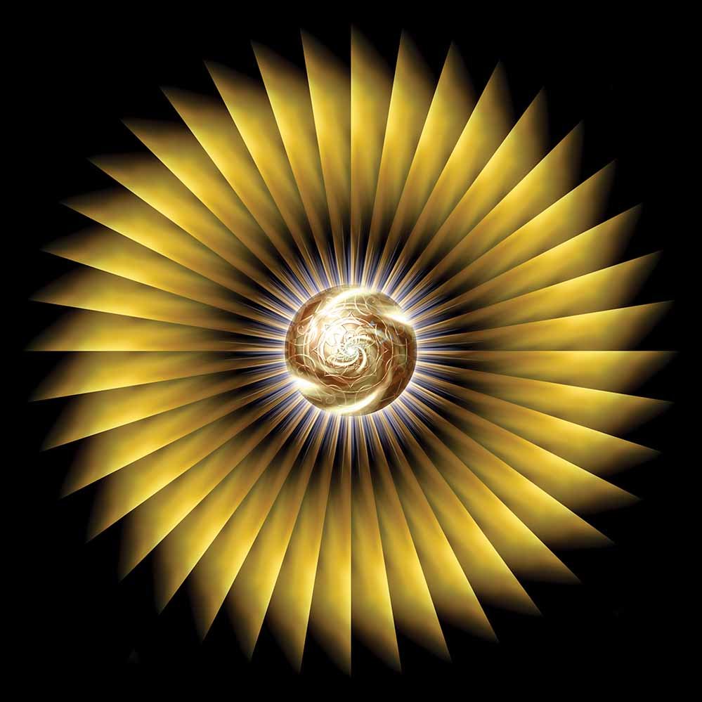 Luminous golden orb pulsing with swirling fractals, surrounded by a brilliant explosion of sharp, symmetrical rays, forming a hypnotic sunburst wall decal printed | Wallhogs
