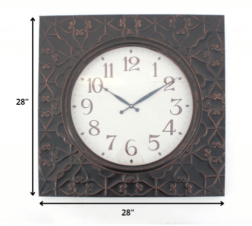 28" Square Brown Glass Analog Wall Clock