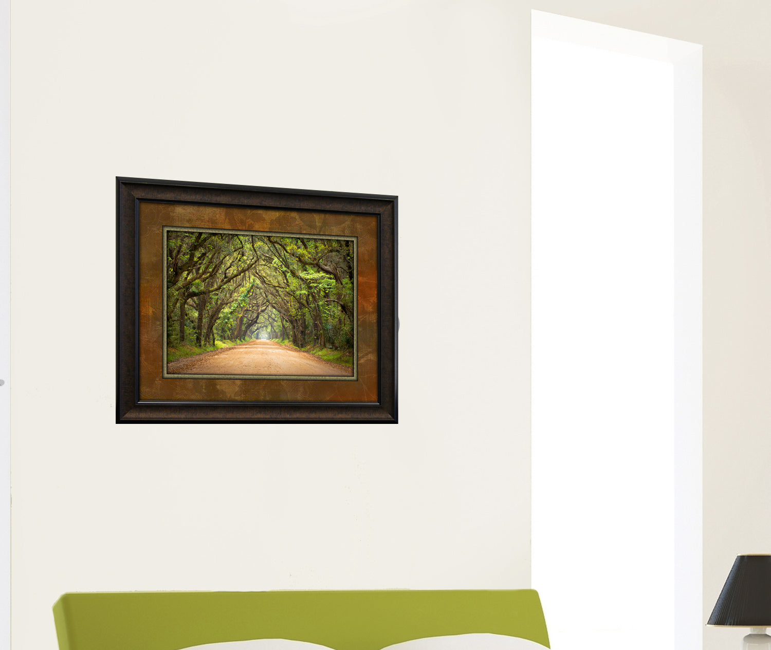 Treelined Path Framed Art Installed Above Sofa