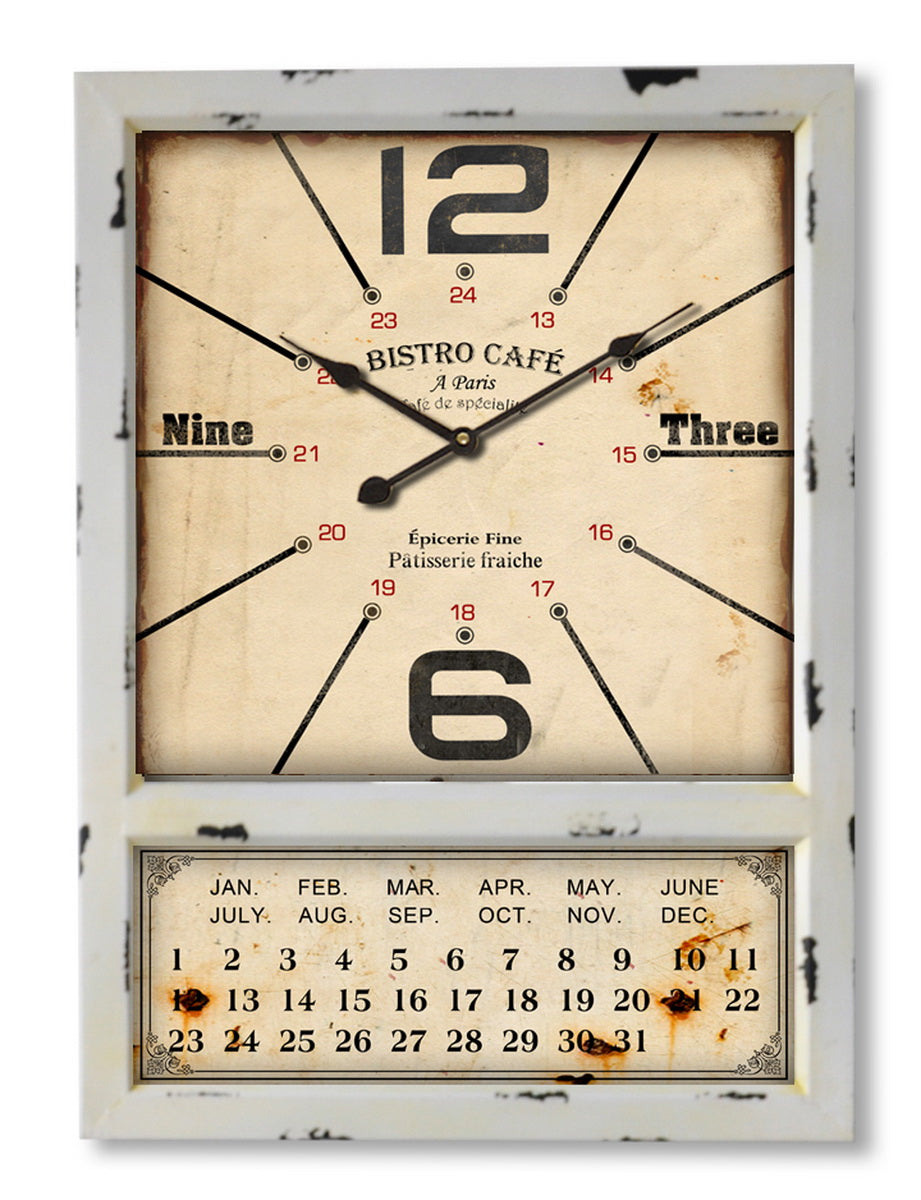 Weathered White Wall Clock w/Calendar 19