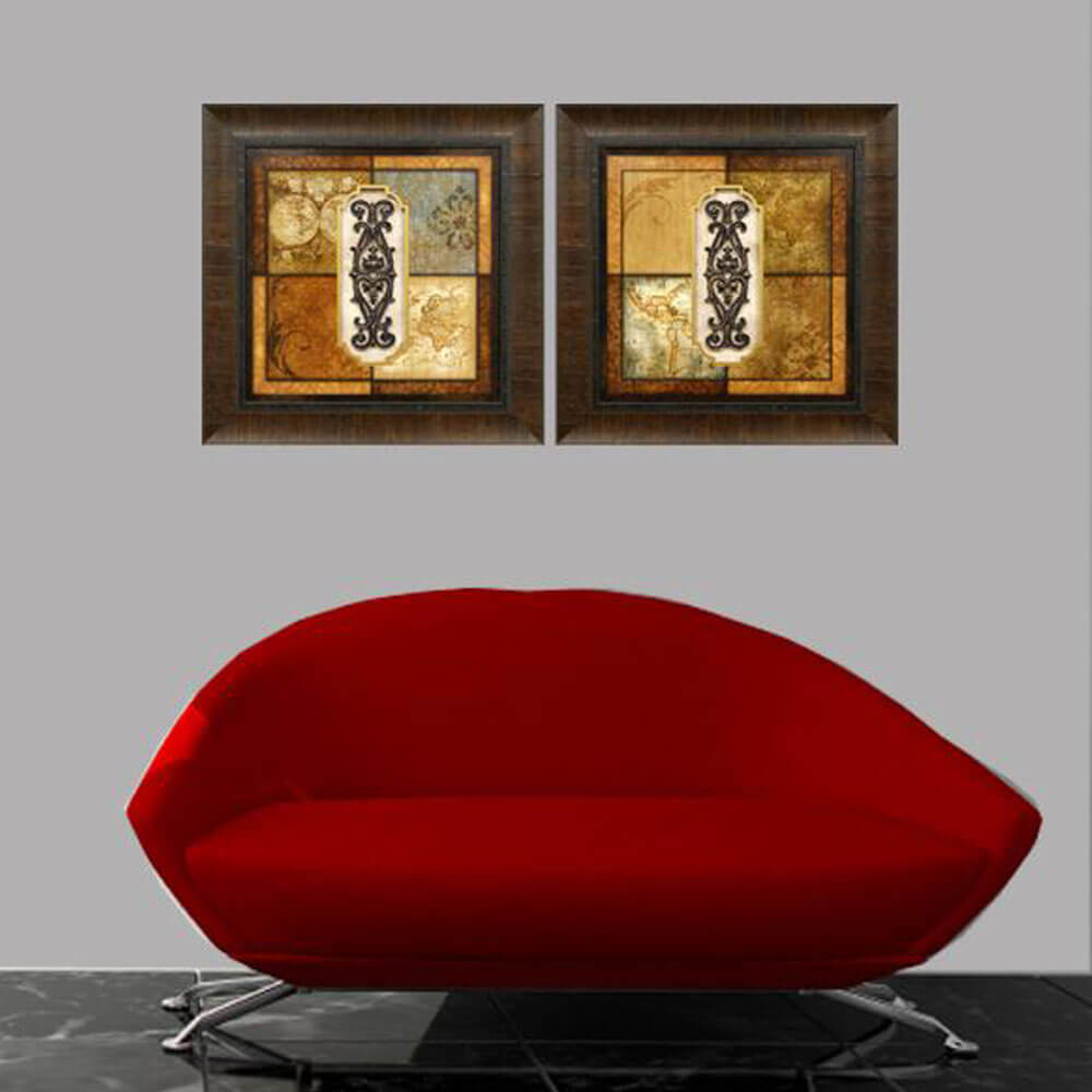 Artifact Globe and Map Framed Art Installed Above Sofa