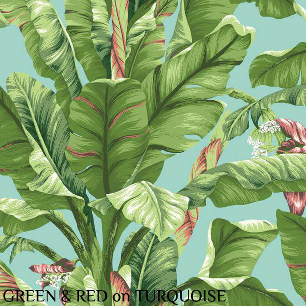 Ashford House Banana Leaf Green & Red on Turquoise Wallpaper