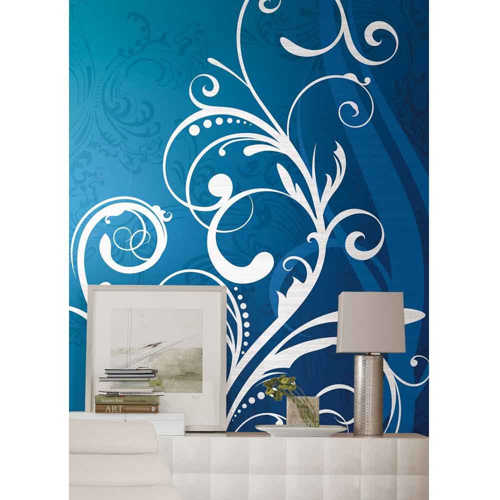 Elegant Scroll Blue Wall Mural Installed | Wallhogs