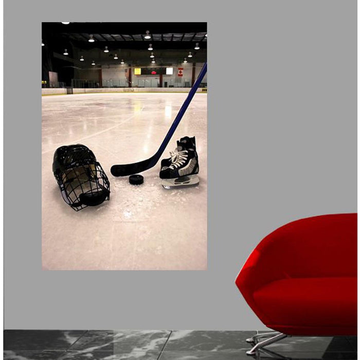Hockey Equipment on Ice Gloss Poster Installed