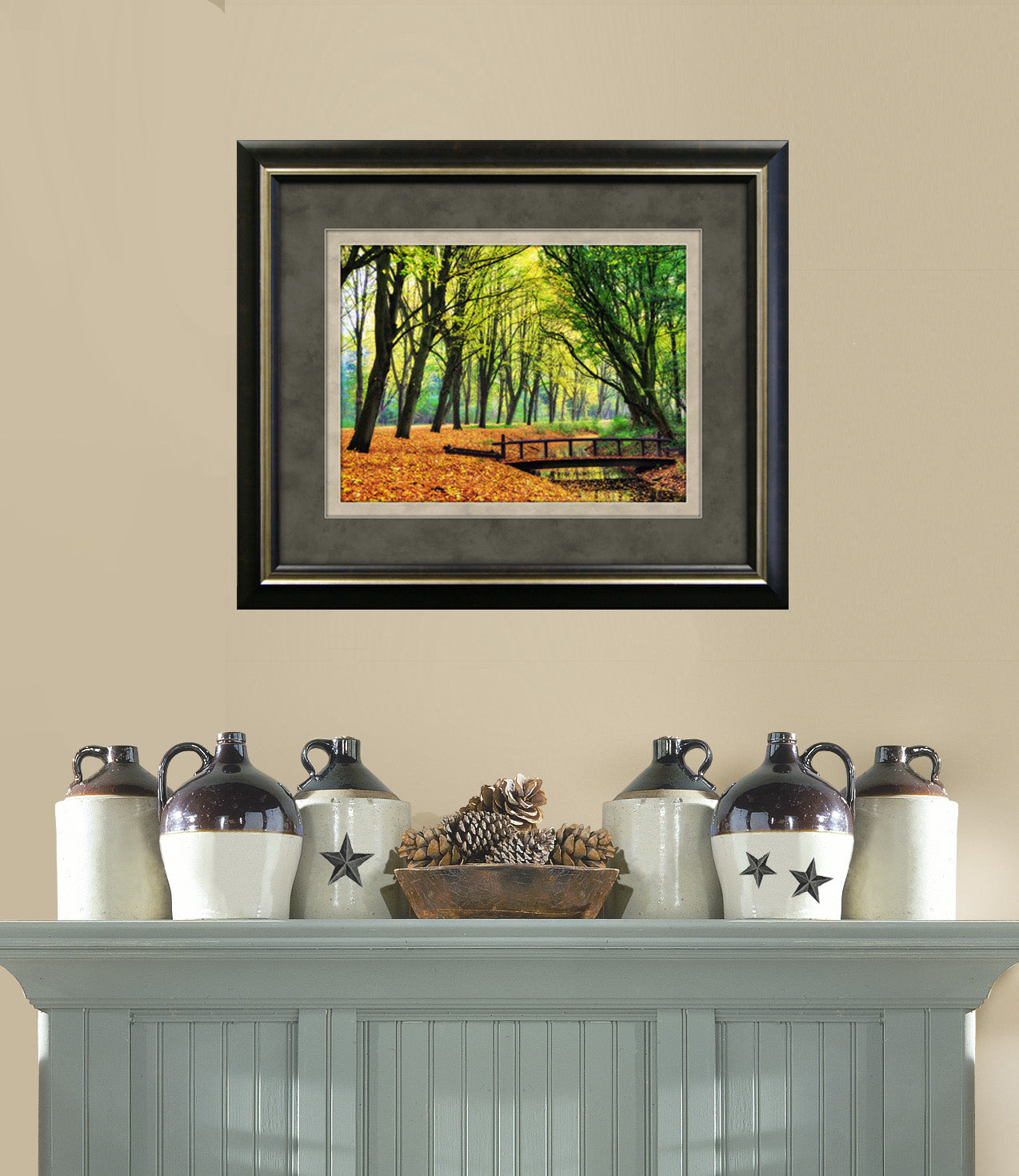 Fall Tree Tunnel Framed Art Installed Above a Console Table