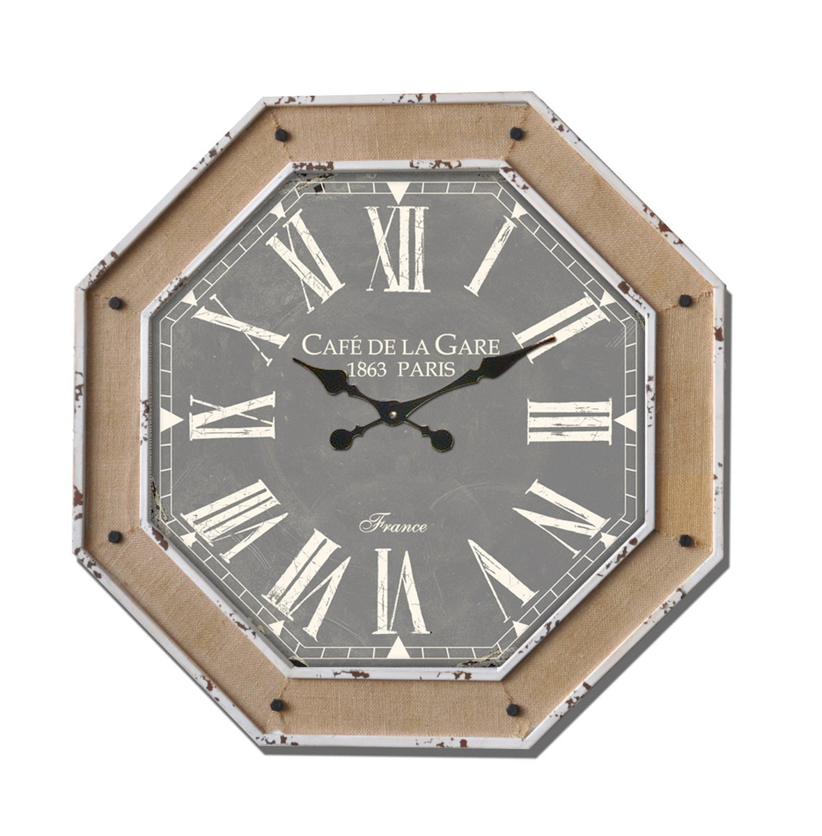 Octagon Gray Wall Clock w/Burlap Accent 27