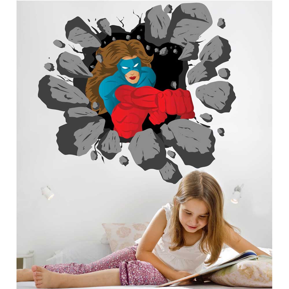 Female Hero Busting Out Wall Decal Installed | Wallhogs