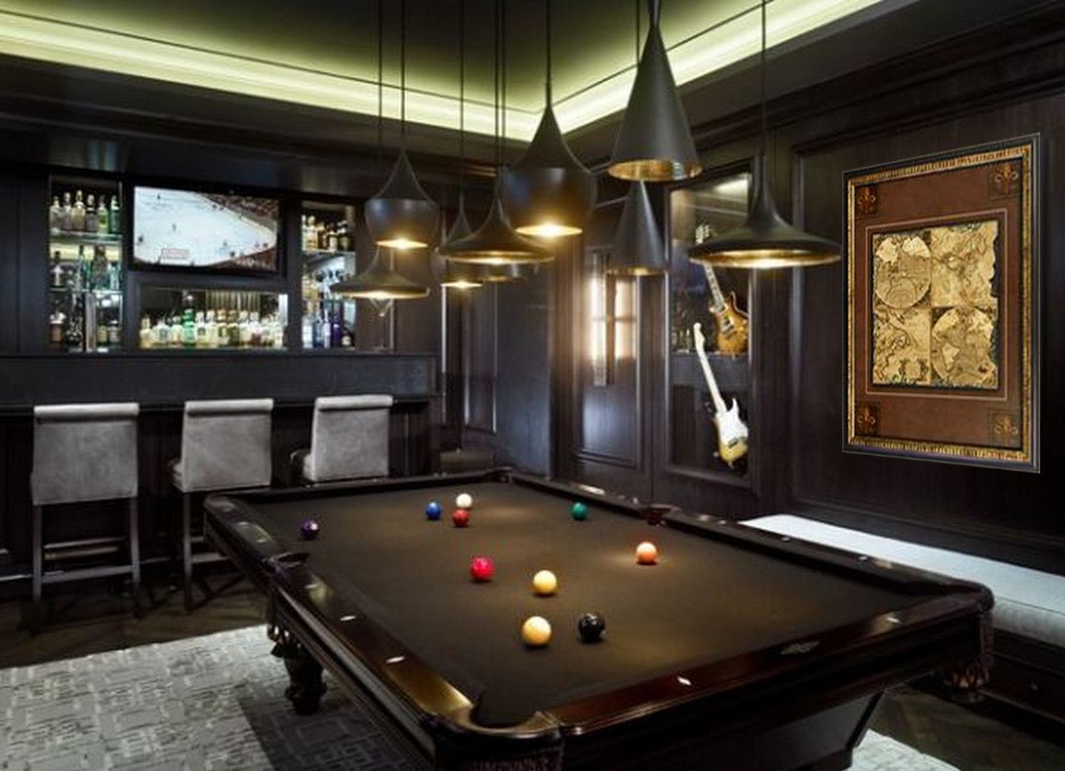 Old World Map Corners Framed Art Installed in Game Room Next to Pool Table